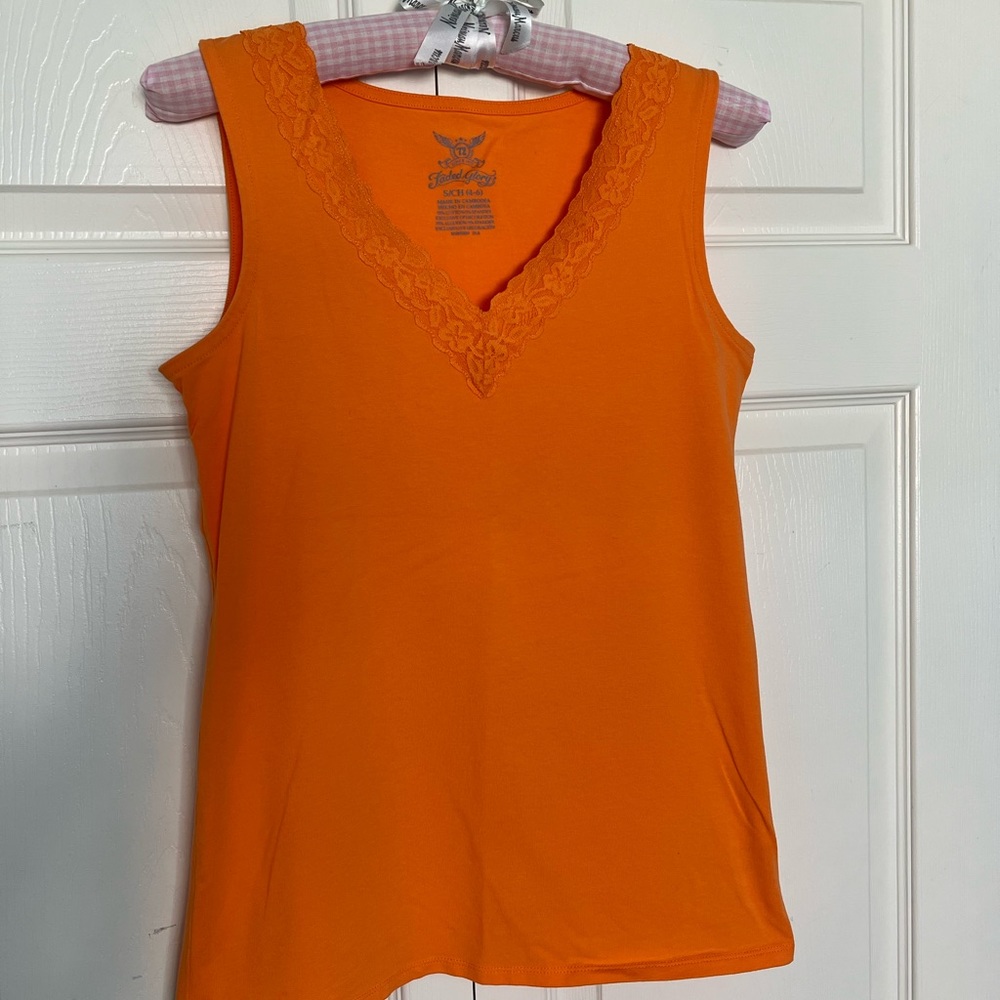Faded Glory Soft Orange Stretch Sleeveless Lace Trim V-Neck Top NWOT